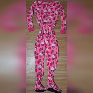 Womens Y2K Style Pink Leopard Print Hearts Footed Onesi Size Medium